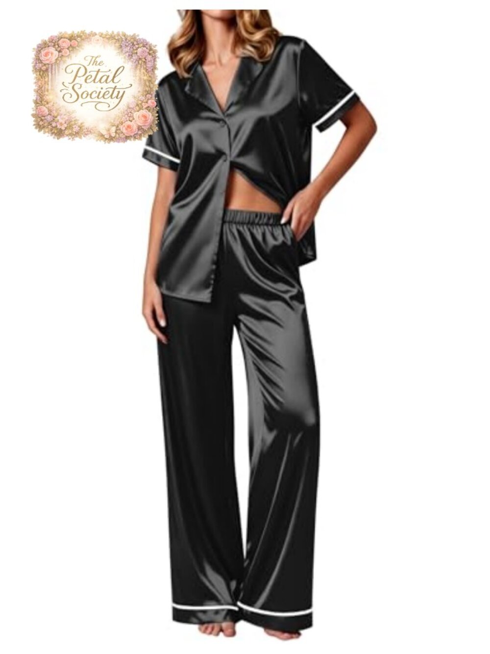 Women's Silk Pajama Set Short Sleeve Button Down Lounge Set 2 Piece